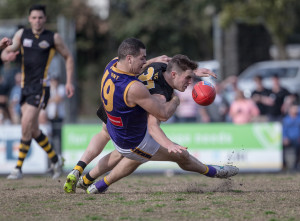 Joel Perry tackles Liam Frazer during the EFL 1st Division Seniors 2015 Preliminary Final between Balwyn and Vermont at Bayswater Oval on Sep 12 2015. Photo: Wes Langmaid, Pump Digital